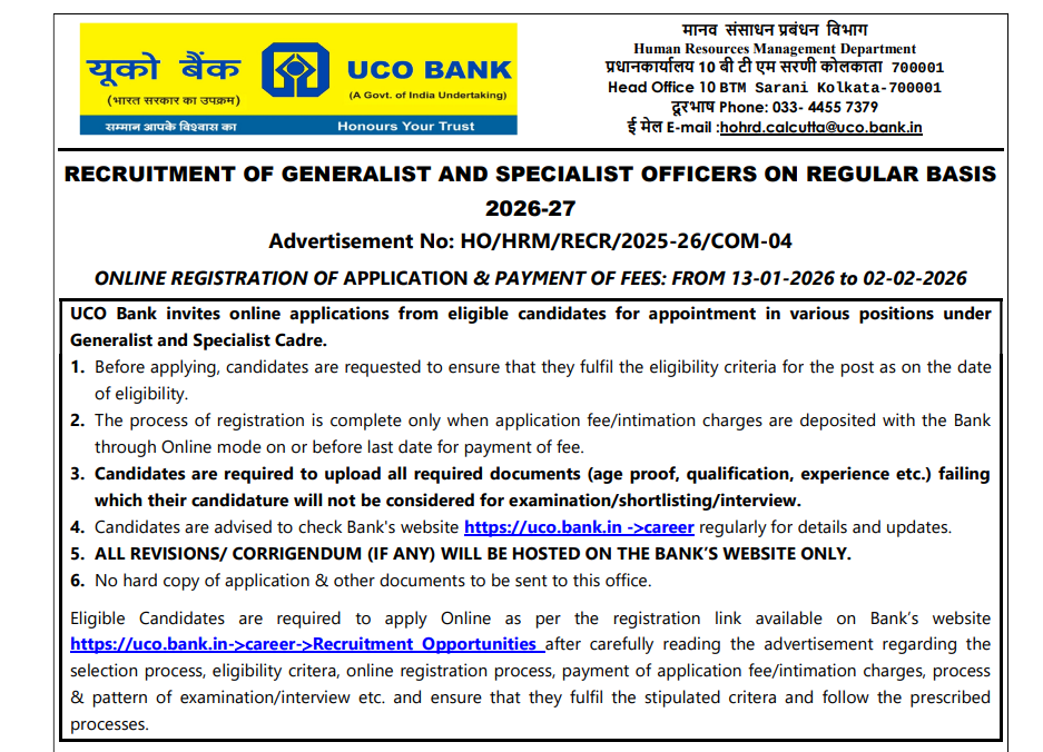 Official UCO Bank Officer Recruitment 2026 Notification