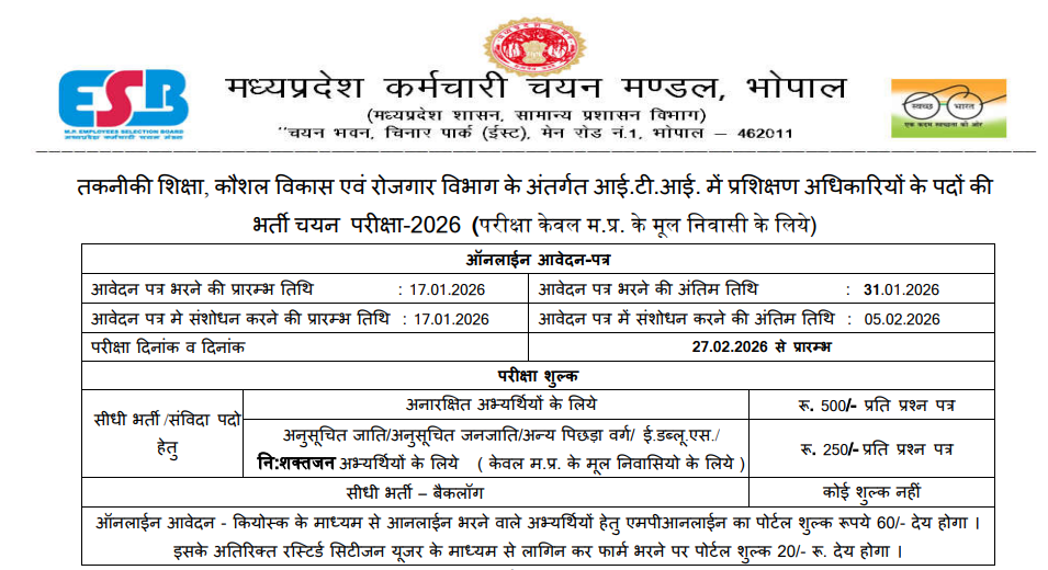 MPESB ITI Training Officer Recruitment 2026 Official Notification