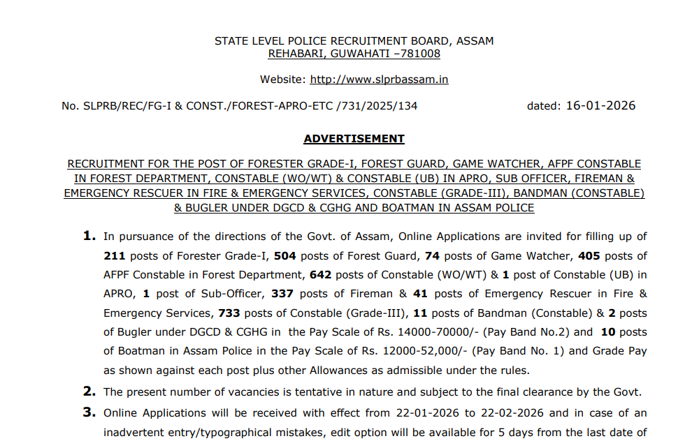 Official Assam Police Constable Recruitment 2026 Notification