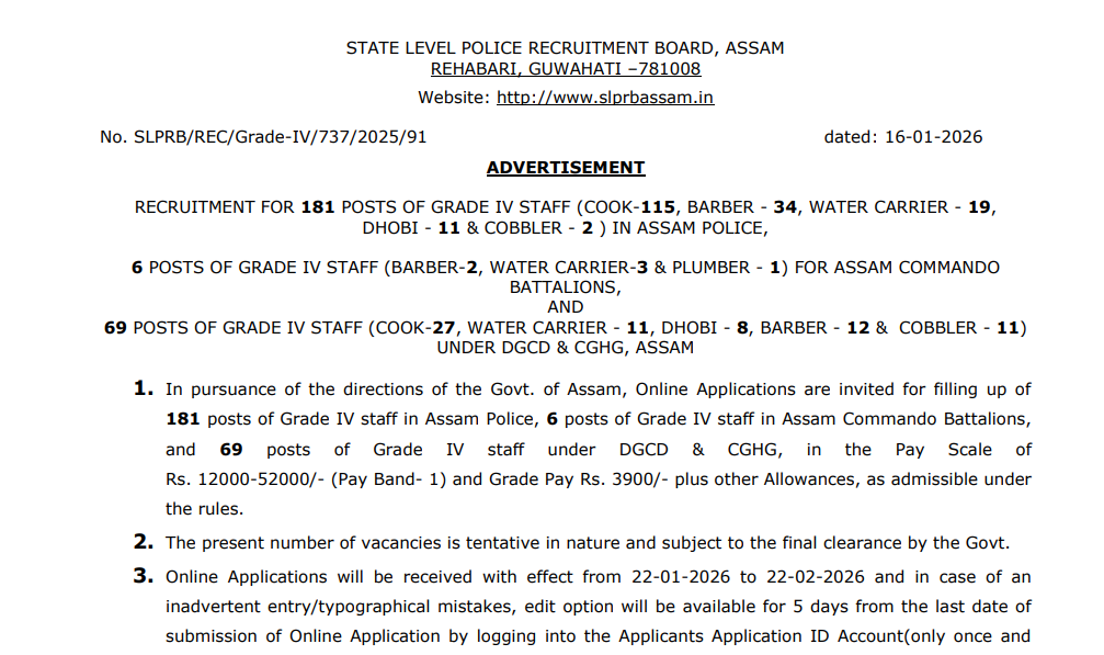 Official Assam Police Grade IV Jobs 2026 Notification
