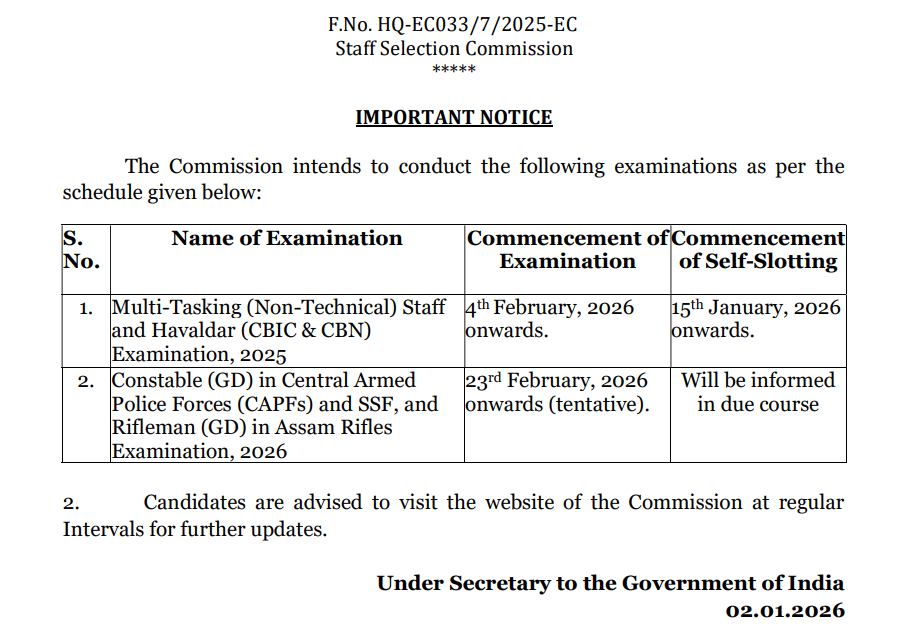 Official Notification SSC GD Constable Admit Card 2026